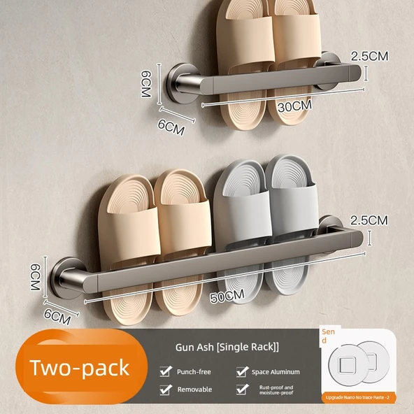Deliksiz Alüminyum Banyo Terlik Rafı - Füme Tekli 30cm + Çiftli 50cm