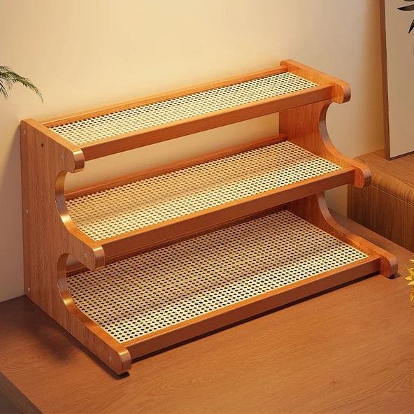 Çin Tarzı Rattan Çok Katmanlı Raf - Tam Panelli Üç Katlı Raf 30cm - 3
