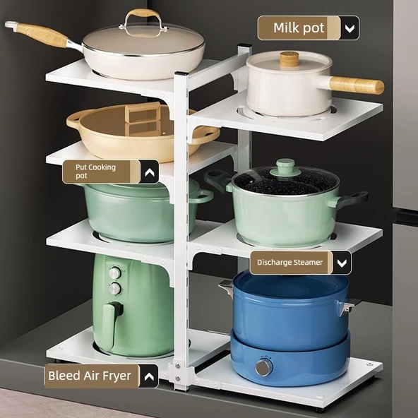 Mutfak Tencere Rafı - Tek Taraflı Metalik Gri 4 Katlı - Resim 3