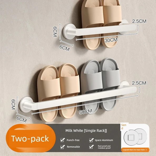 Deliksiz Alüminyum Banyo Terlik Rafı - Süt Beyazı Tekli 30cm + Çiftli 50cm