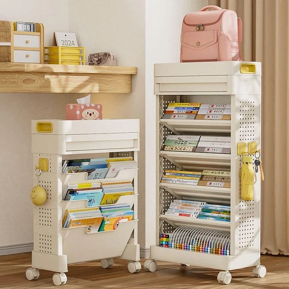 Hareketli Çok Katlı Kitaplık Rafı - Krem Beyaz - 3 Katlı - Tekerlekli - 2