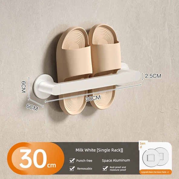 Deliksiz Alüminyum Banyo Terlik Rafı - Süt Beyazı Tekli 30cm