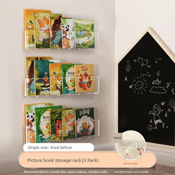 Duvara Monte Akrilik Kitaplık - 3'lü Paket + İz Bırakmayan Yapıştırıcı