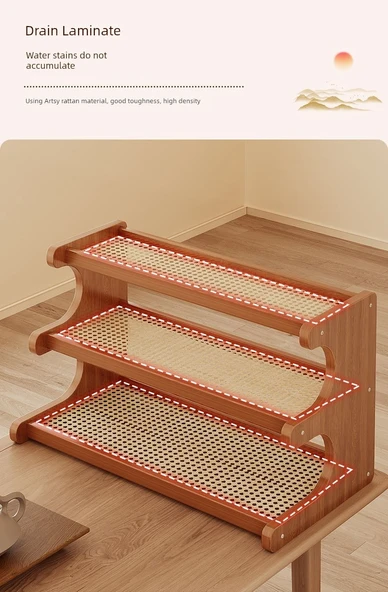 Çin Tarzı Rattan Çok Katmanlı Raf - Tam Panelli Üç Katlı Raf 30cm - 10