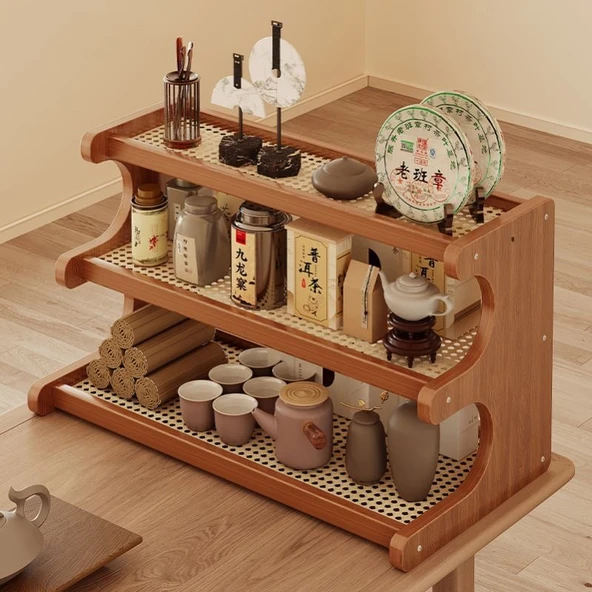 Çin Tarzı Rattan Çok Katmanlı Raf - Tam Panelli Üç Katlı Raf 30cm - 2