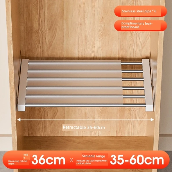 Deliksiz Paslanmaz Çelik Teleskopik Dolap Rafı - 35-60cm Uzunluk, 36cm Genişlik