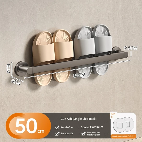 Deliksiz Alüminyum Banyo Terlik Rafı - Füme Çiftli 50cm