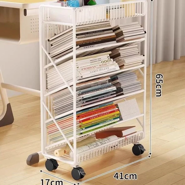 Tekerlekli Hareketli Kitaplık Rafı - Beyaz, 6 Katlı