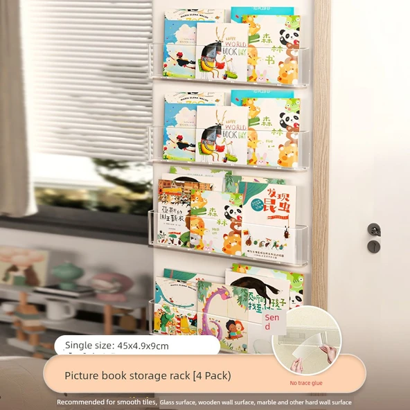 Duvara Monte Akrilik Kitaplık - 4'lü Paket + İz Bırakmayan Yapıştırıcı