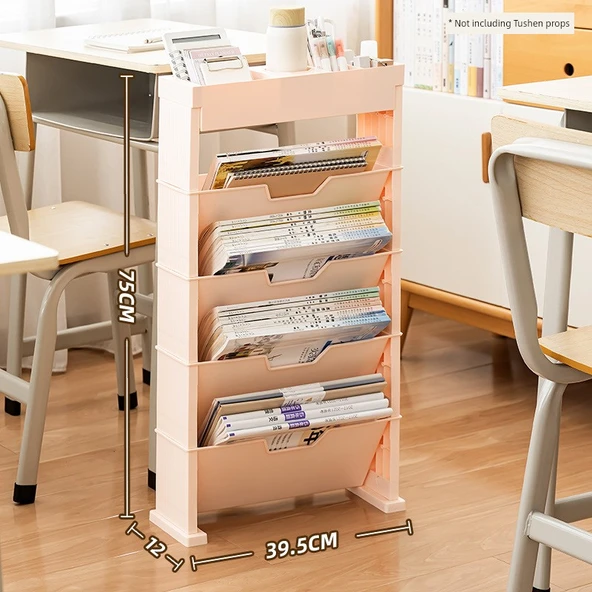 Hareketli Çok Katlı Kitaplık Rafı - Pembe - 4 Katlı - Tekersiz