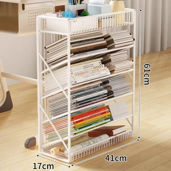 Tekerleksiz Hareketli Kitaplık Rafı - Beyaz, 6 Katlı