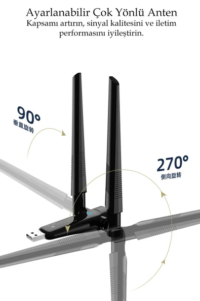 TrkTech Çift Antenli AX1800 Mbps Wifi6 Çift Antenli Yüksek Kazançlı Kablosuz USB Adaptörü - 4