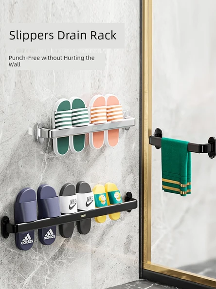 Deliksiz Alüminyum Banyo Terlik Rafı - Gümüş - 2 Terlik Kapasiteli - 2