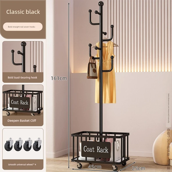 Minimalist Siyah Portatif Askılık - 7 Kancalı, Genişletilmiş File Sepetli, Metal Tekerlekli