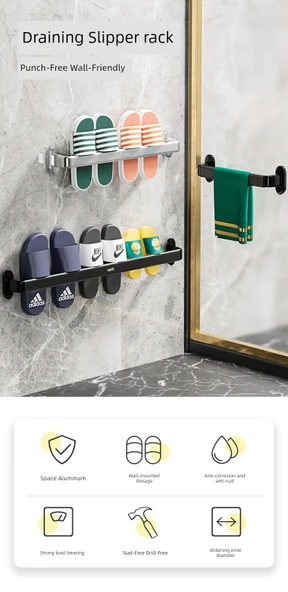 Deliksiz Alüminyum Banyo Terlik Rafı - Gümüş - 1 ve 2 Terlik Kapasiteli - 6