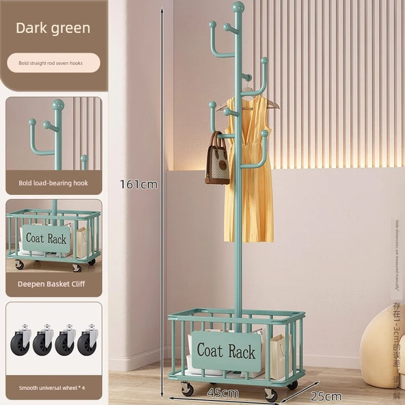 Minimalist Yeşil Portatif Askılık - 7 Kancalı, Genişletilmiş File Sepetli, Metal Tekerlekli