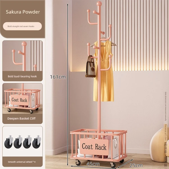 Minimalist Pembe Portatif Askılık - 7 Kancalı, Genişletilmiş File Sepetli, Metal Tekerlekli