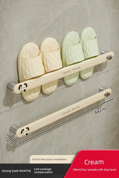 Deliksiz Duvara Monte Banyo Terlik Rafı - Terlik Rafı [48cm] 2 Çift + Yavru Köpek Çıkartmaları