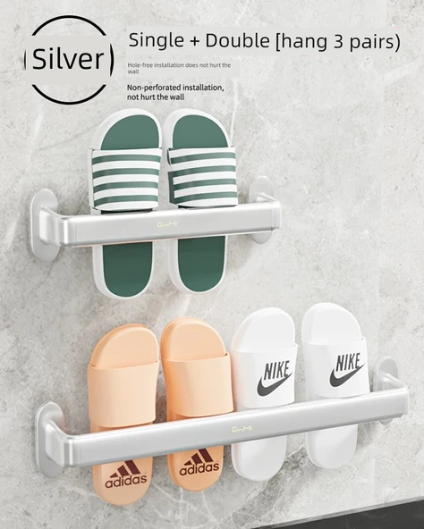 Deliksiz Alüminyum Banyo Terlik Rafı - Gümüş - 1 ve 2 Terlik Kapasiteli