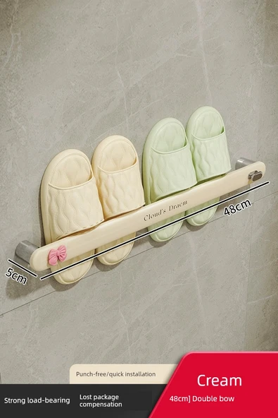 Deliksiz Duvara Monte Banyo Terlik Rafı - Ayakkabı Rafı [48cm] Çift + Fiyonklar