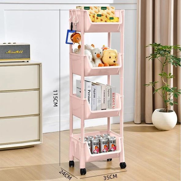 Hareketli Pembe Çok Katlı Raf - Dört Katlı Kapaksız (24x35x115cm)
