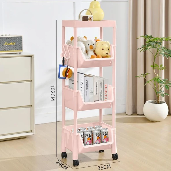 Hareketli Pembe Çok Katlı Raf - Dört Katlı Kapaklı (24x35x102cm)