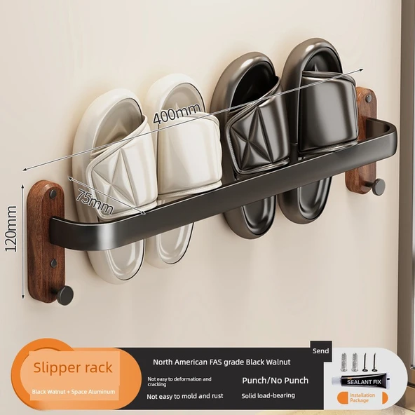Ceviz Banyo Terlik Rafı - Deliksiz Duvara Monte - 40cm Çift Katlı