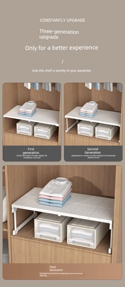 Ayarlanabilir Gardırop Rafı - Uzunluk 47-68 cm, Genişletilmiş 48 cm, Yükseklik 32 cm - 7
