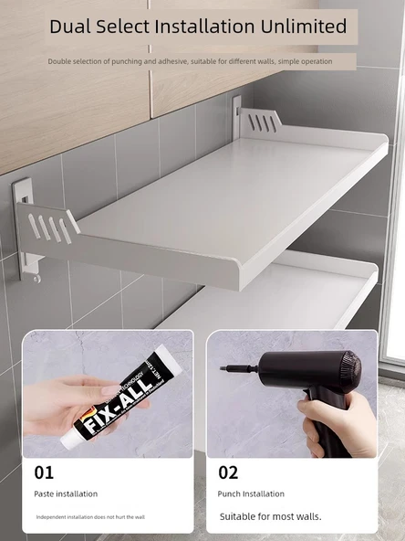 Krem Metal Mutfak Banyo Duvar Rafı - Beyaz 20x50cm + Kancalı Kalınlaştırılmış - 4