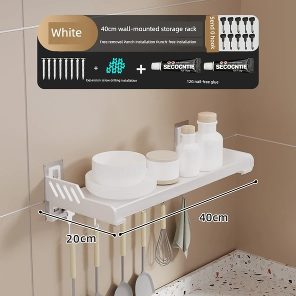 Krem Metal Mutfak Banyo Duvar Rafı - Beyaz 20x40cm + Kancalı Kalınlaştırılmış