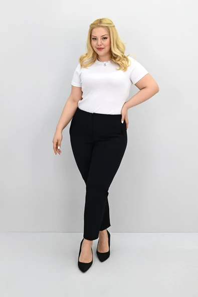 Kadın Büyük Beden Yüksek Bel Kumaş Pantolon 6110-25-1 - 3