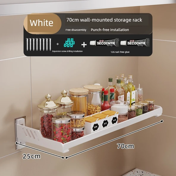 Krem Metal Mutfak Banyo Duvar Rafı - Beyaz 25x70cm Kalınlaştırılmış