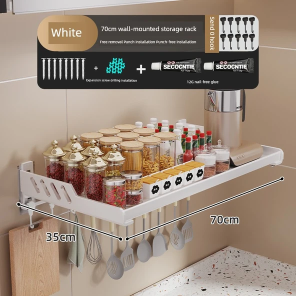 Krem Metal Mutfak Banyo Duvar Rafı - Beyaz 35x70cm + Kancalı Kalınlaştırılmış
