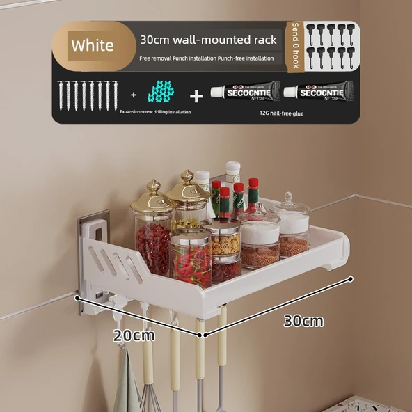 Krem Metal Mutfak Banyo Duvar Rafı - Beyaz 20x30cm + Kancalı Kalınlaştırılmış