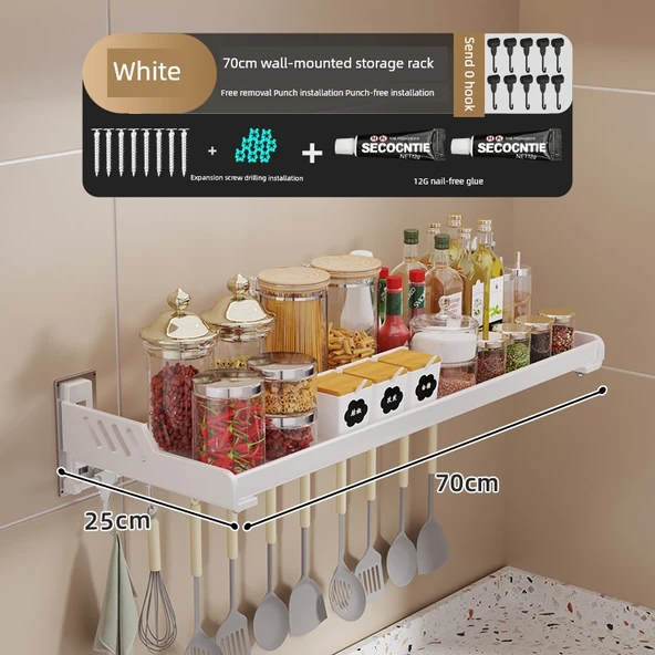 Krem Metal Mutfak Banyo Duvar Rafı - Beyaz 25x70cm + Kancalı Kalınlaştırılmış