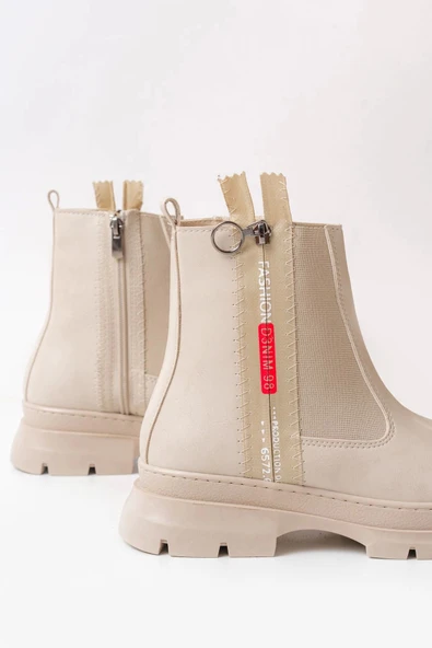 Bej Fashion Aksesuarlı Fermuarlı Günlük Kadın Bot - 4