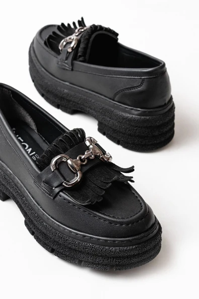 Siyah Tokalı Günlük Yüksek Tabanlı Loafer Ayakkabı - 5