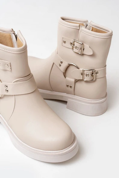Bej Toka Aksesuarlı Fermuarlı Günlük Kadın Bot - Resim 4