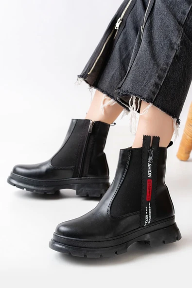 Siyah Fashion Aksesuarlı Fermuarlı Günlük Kadın Bot - 2