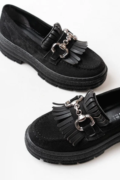 Siyah Süet Tokalı Günlük Yüksek Tabanlı Loafer Ayakkabı - 4