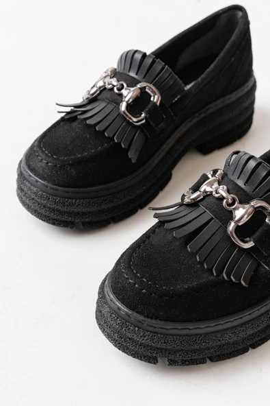 Siyah Süet Tokalı Günlük Yüksek Tabanlı Loafer Ayakkabı - 3