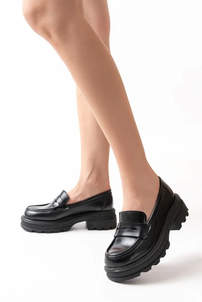 Siyah Rugan Günlük Yüksek Tabanlı Loafer Ayakkabı - 3