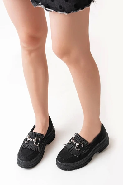 Siyah Süet Tokalı Günlük Yüksek Tabanlı Loafer Ayakkabı - 2