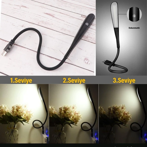 BUFFER® USB Girişli 14 Ledli 3 Kademeli Dokunmatik Masa/Kitap Okuma Lambası Ledi Siyah - 4