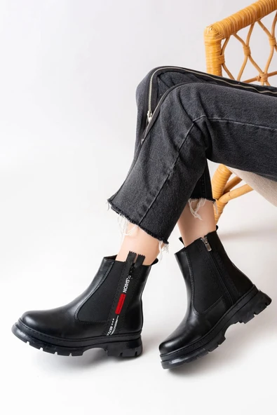 Siyah Fashion Aksesuarlı Fermuarlı Günlük Kadın Bot