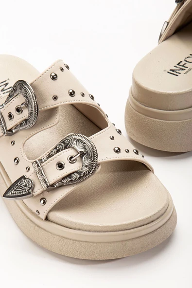 Bej Dolgu Topuk Kadın Sandalet - 5