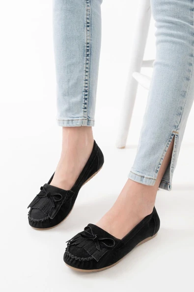 Siyah Süet Püsküllü Günlük Kadın Babet - 3