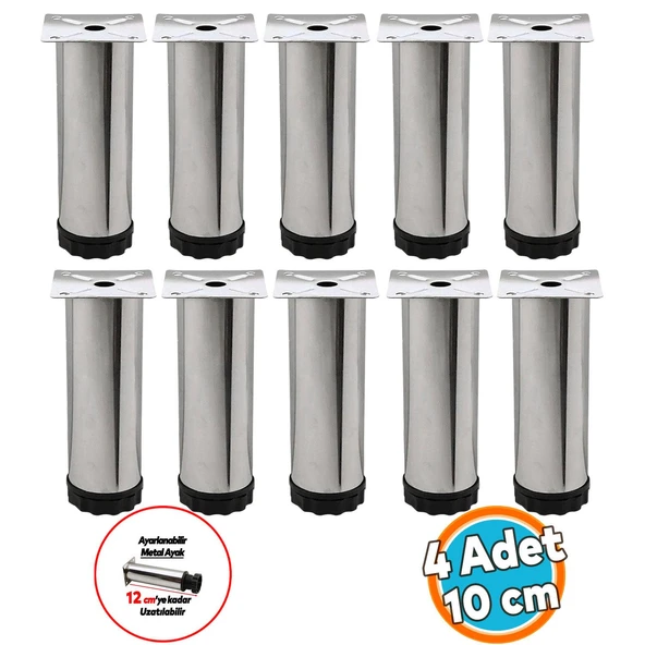 (10 ADET) Dolap Ayarlanabilir Mobilya Kanepe Baza Koltuk Metal Destek Yükseltici Ayağı 10 Cm Krom ürün görseli