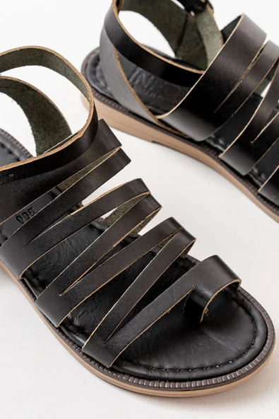 Siyah Ortopedik Hakiki Deri Kadın Sandalet - 4