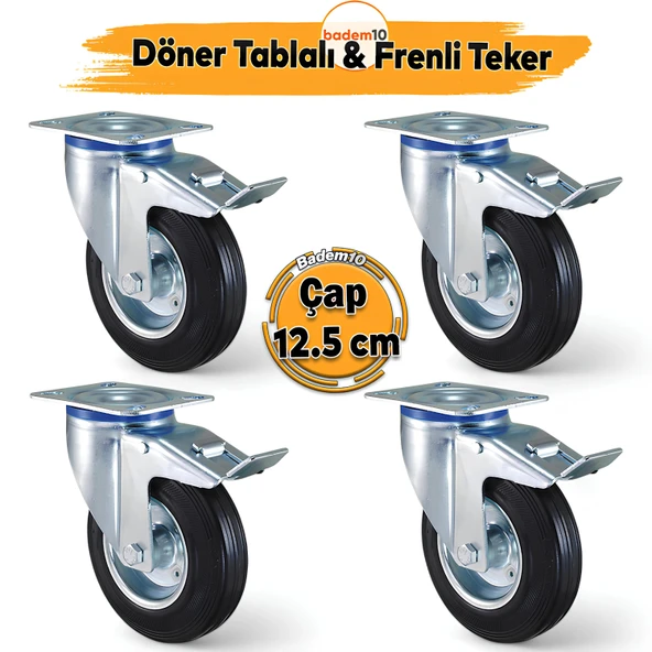 Frenli Döner Tablalı 4'lü 125x37.5 cm Sanayi Tipi Teker Endüstriyel Siyah Burçlu Ağır Yük Tekeri